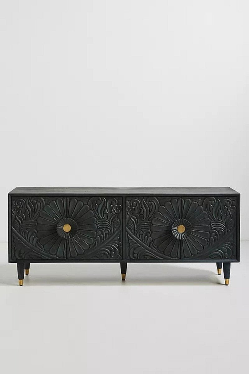 Hand Carved Gulliver Media Console | Wooden TV Unit Indigo Color | Indian Furniture