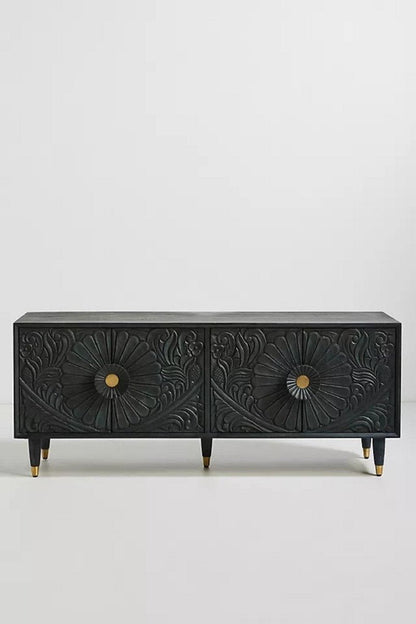 Hand Carved Gulliver Media Console | Wooden TV Unit Indigo Color | Indian Furniture