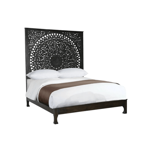 Hand Carved High Headboard Platform Bed Frame Black Color | Indian