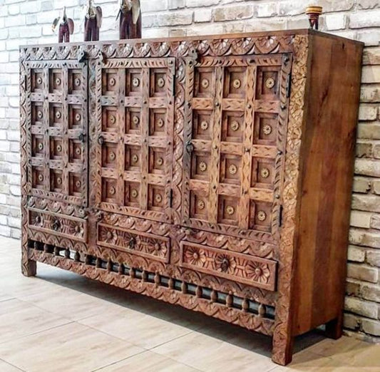 Hand Carved Indian Solid Wood Entryway Console Cabinet with Three Doors and Three Drawers