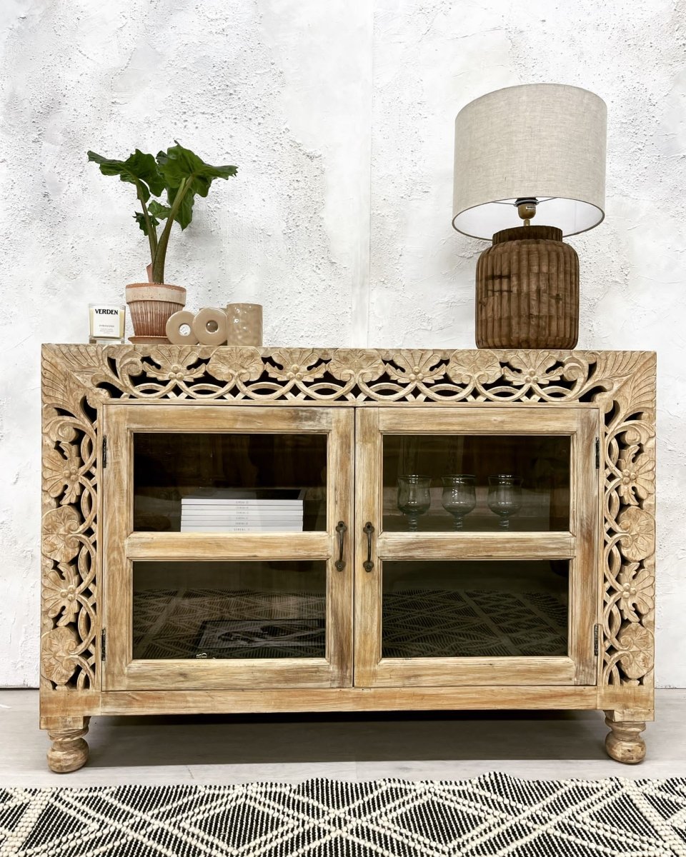 Natural Hand Carved Indian Wooden Two Door Sideboard Buffet Table With storage