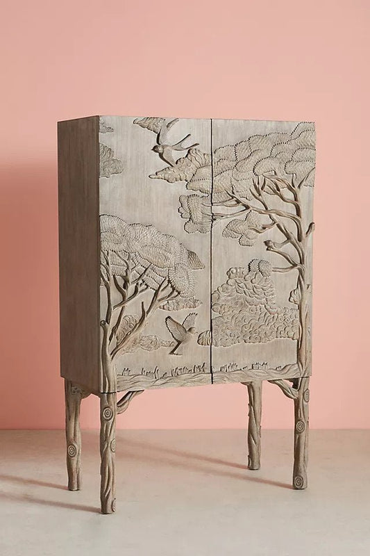 Hand-carved Land & Sky Bar Cabinet | Liquor Cabinet