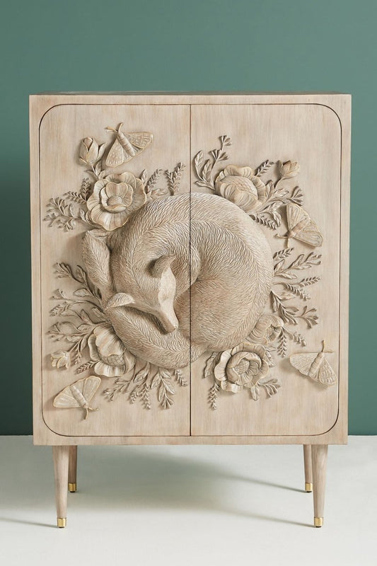 Hand Carved Land & Sky Bar Cabinet with Fox Design | Taupe Color Cabinet