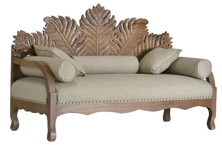 Hand Carved Leaf Design Natural Wood Daybed Bench