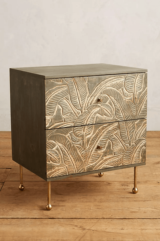 Hand-carved Leaf Design Nightstand | Latest Indian Design Bedside Table