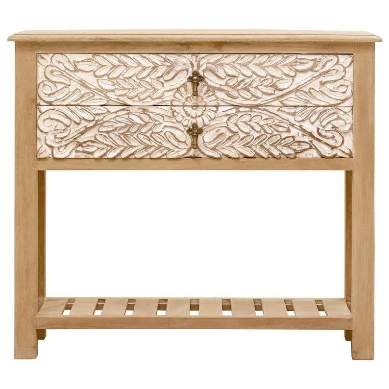 Hand-Carved Leaf French Nightstand in Natural and White Color Wooden