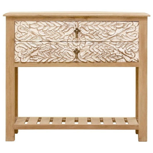 Hand-Carved Leaf French Nightstand in Natural and White Color Wooden