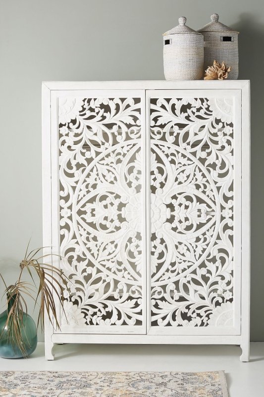 Hand Carved Lombok Armoire In White Color | Handmade White Wooden Almirah