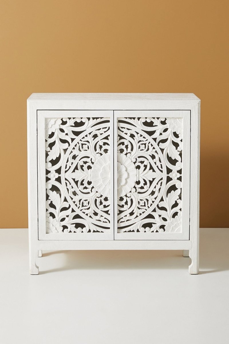 Hand Carved Lombok Entryway Cabinet in White Color | Handmade Wooden Storage Unit