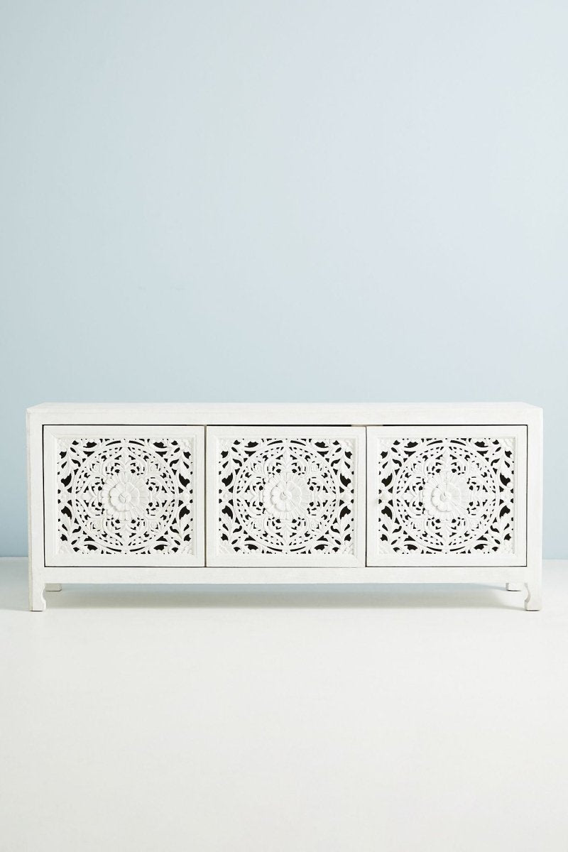 Hand Carved Lombok Media Console White Color | Handmade Wooden Entertainment Unit