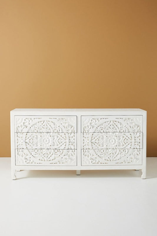 Hand Carved Lombok Six-Drawer Dresser in White Color |Wooden Dresser