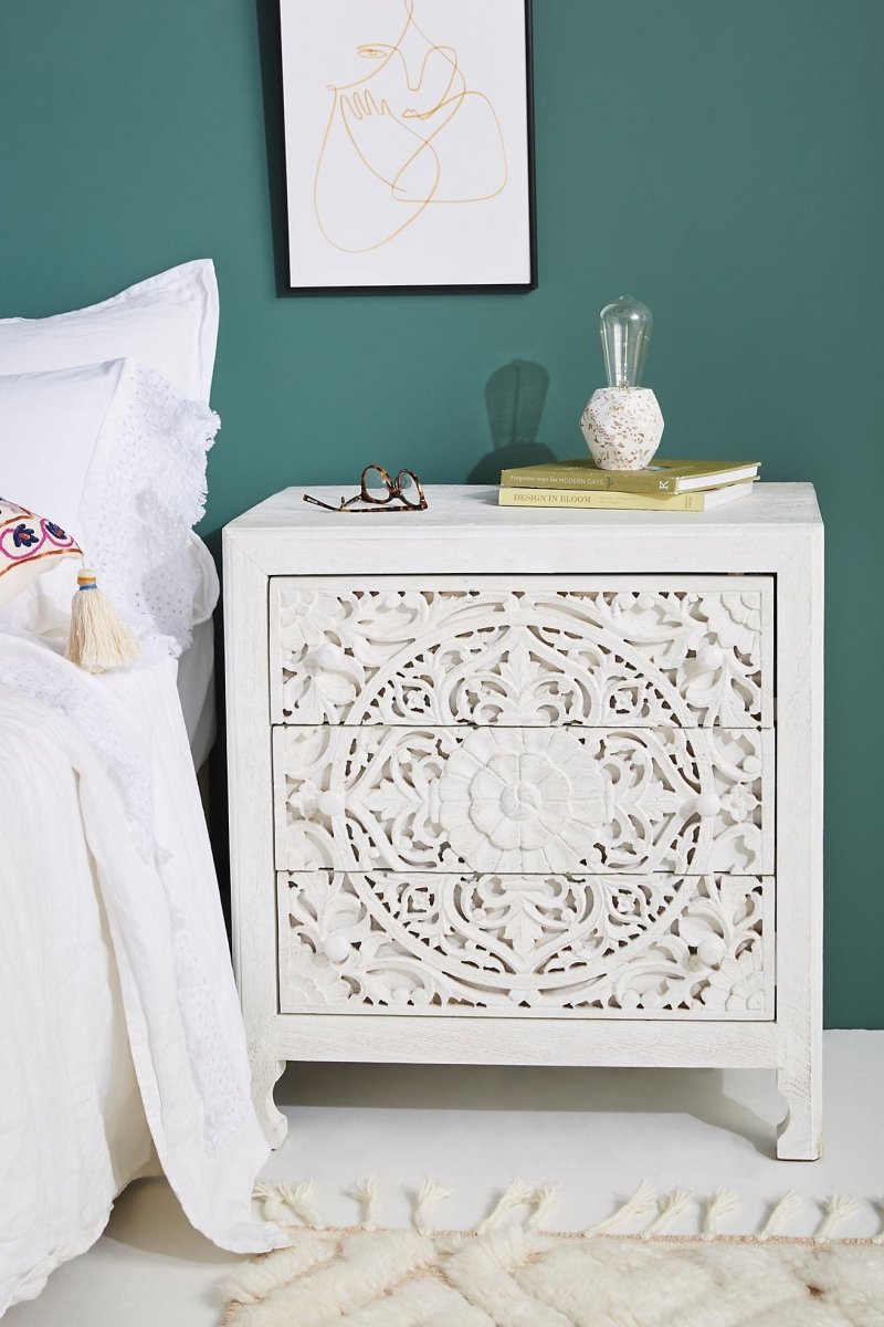 Hand-carved Lombok Three-Drawer Nightstand | Wooden Bedside Stand Furniture