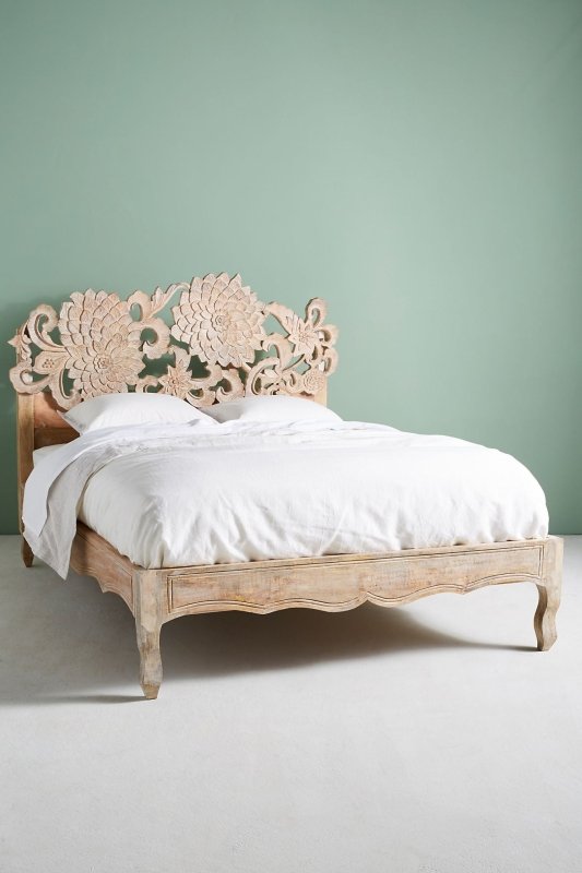 Natural Hand-carved Lotus Platform Bed with Headboard | Handmade Indian Wooden Bed