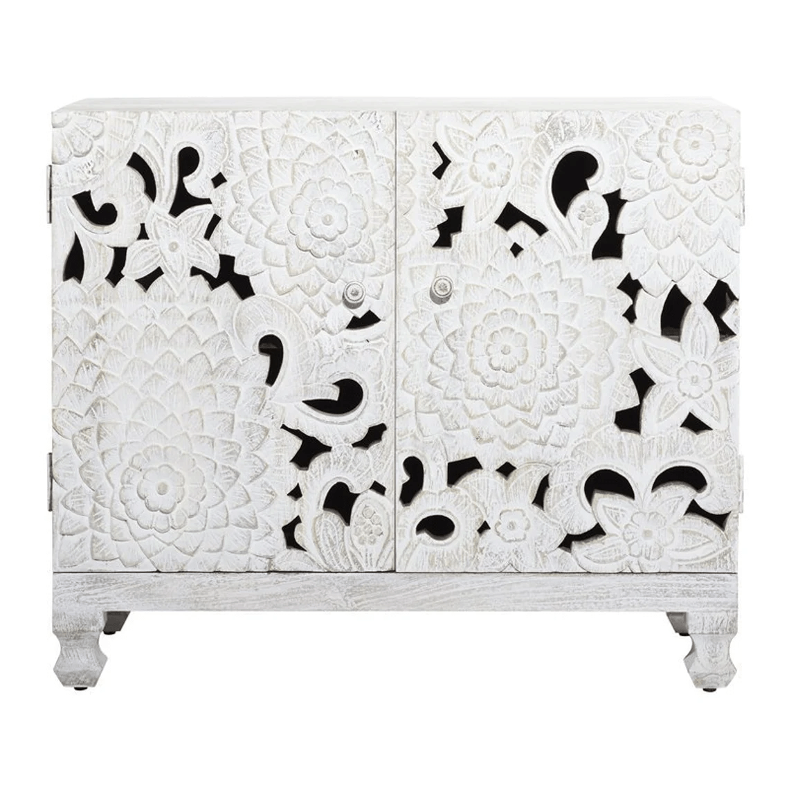 Hand Carved Lotus Storage Cabinet |White Color Wooden Cabinet