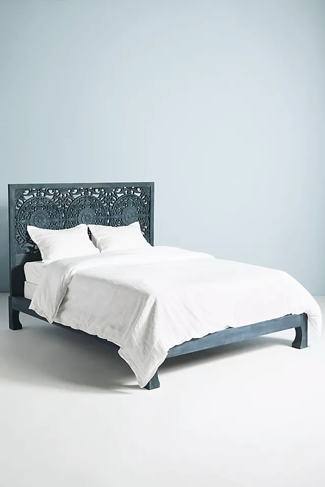 Hand Carved Low Lombok Bed in Indigo Color Indian Bed Design