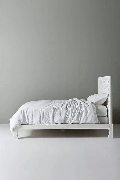 Hand Carved Low Lombok Bed in White Color Indian Wooden Bed Design