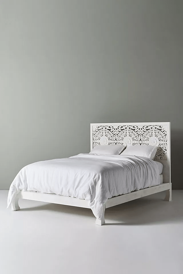 Hand Carved Low Lombok Bed in White Color Indian Wooden Bed Design