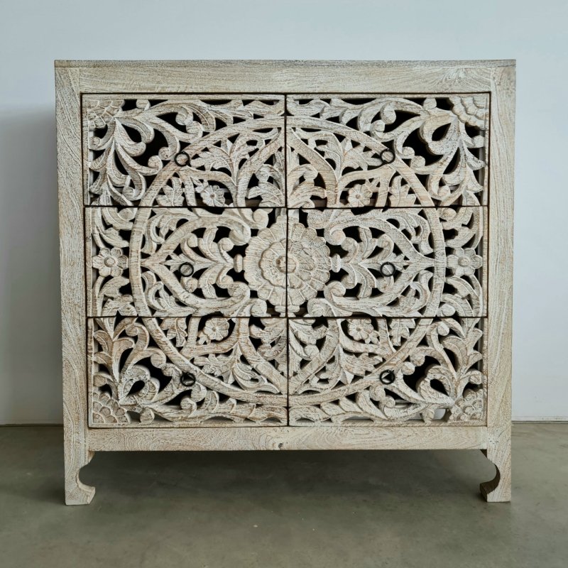 Wooden Hand Carved Mandala Chest of Six Drawer Dresser in Whitewash