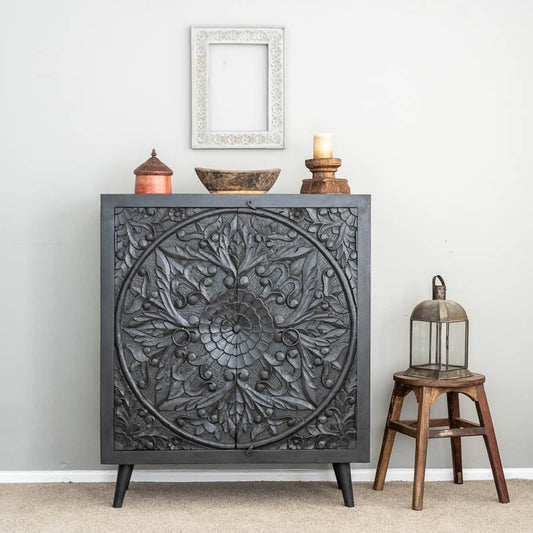 Wooden Hand Carved Mandala Large Cabinet with Black Finish