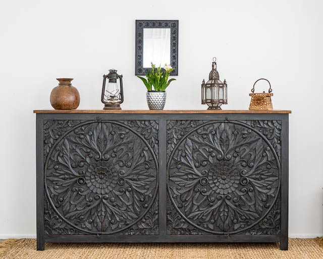 Wooden Hand Carved Mandala Large Sideboard with Black Finish