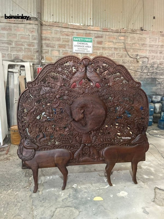 Hand Carved Menagerie Big Bed Headboard in Deer Design