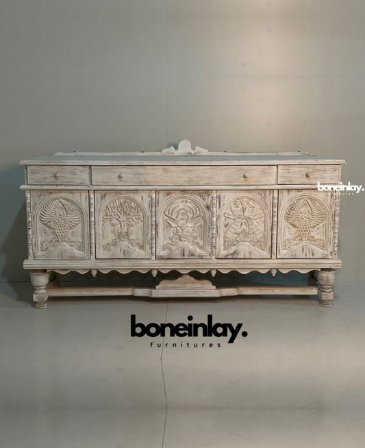 Wooden Wildlife Hand Carved Menagerie Buffet Table in White Color Sideboard