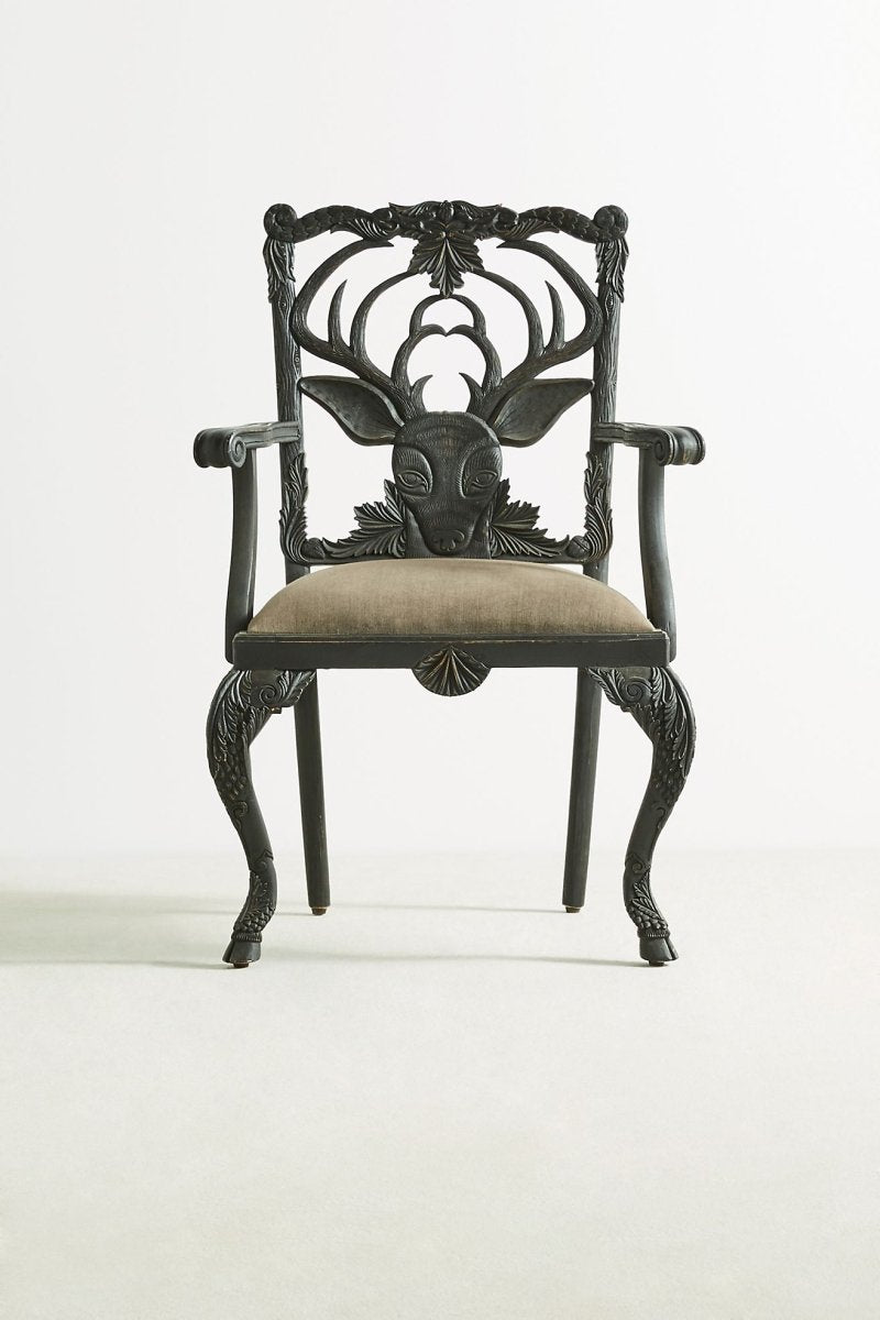 Hand-carved Black Menagerie Deer Armchair | Handmade Wooden Dining Chair