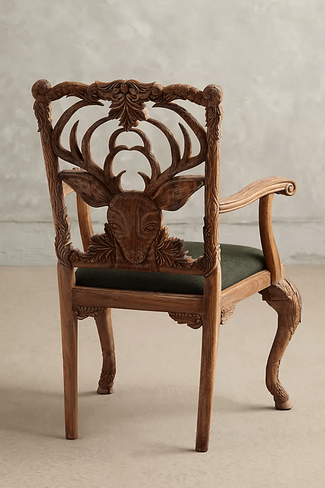 Hand-carved Natural Menagerie Deer Armchair | Wooden Dining Chair