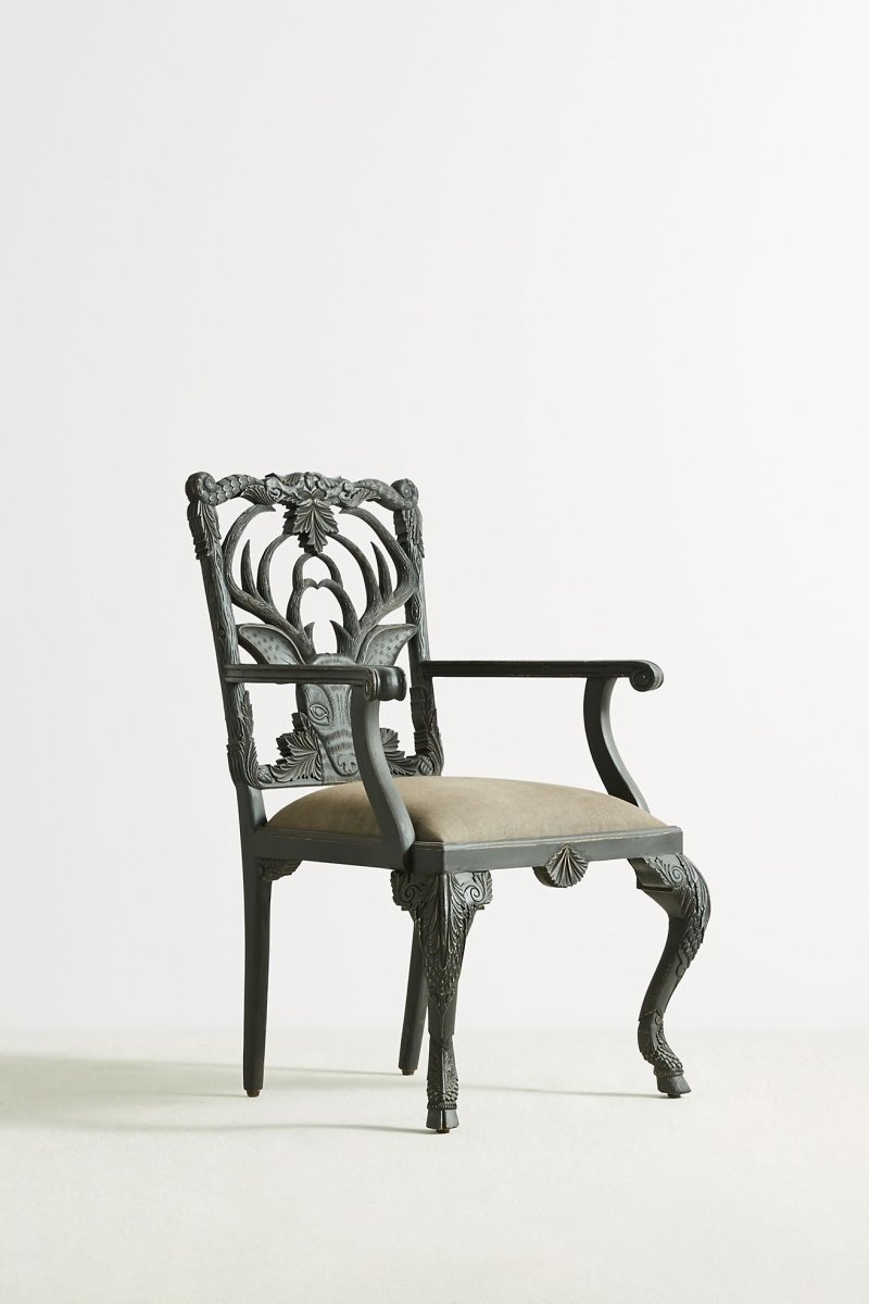 Hand-carved Black Menagerie Deer Armchair | Handmade Wooden Dining Chair