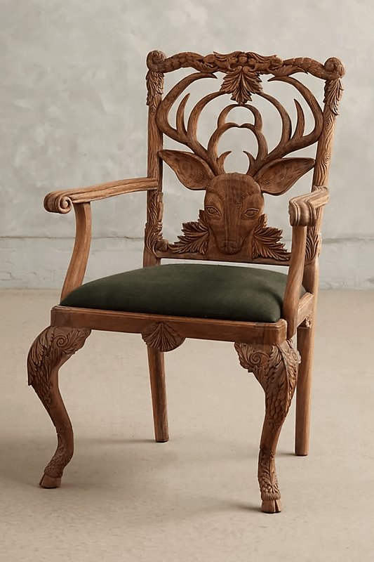 Hand-carved Natural Menagerie Deer Armchair | Wooden Dining Chair