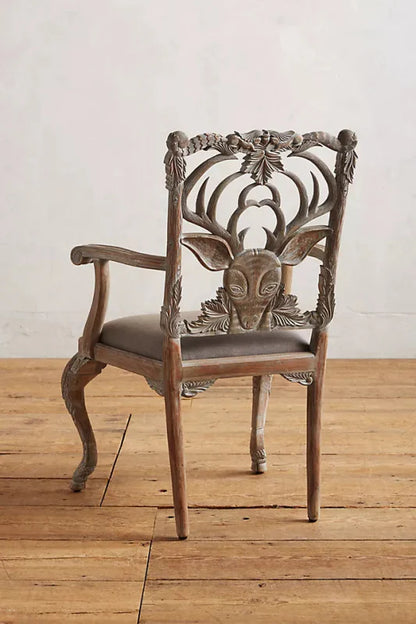 Hand-carved Menagerie Deer Armchair Wooden Dining Chair in Whitewash