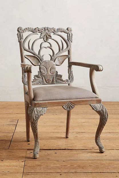 Hand-carved Menagerie Deer Armchair Wooden Dining Chair in Whitewash