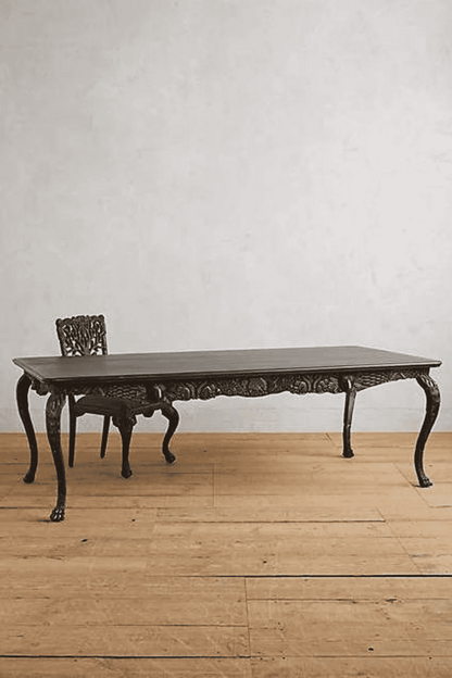 Wooden Hand-carved Rectangular Menagerie Dining Table Black Color Kitchen Table | Indian Furniture