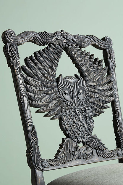 Hand-carved Menagerie Black Owl Wooden Dining Table Chair