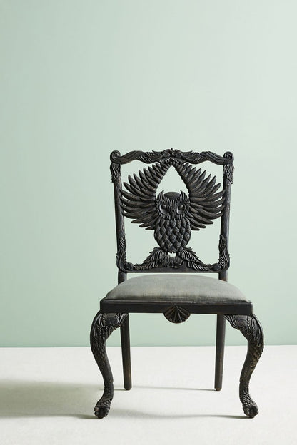 Hand-carved Menagerie Black Owl Wooden Dining Table Chair