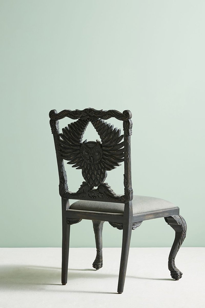 Hand-carved Menagerie Black Owl Wooden Dining Table Chair