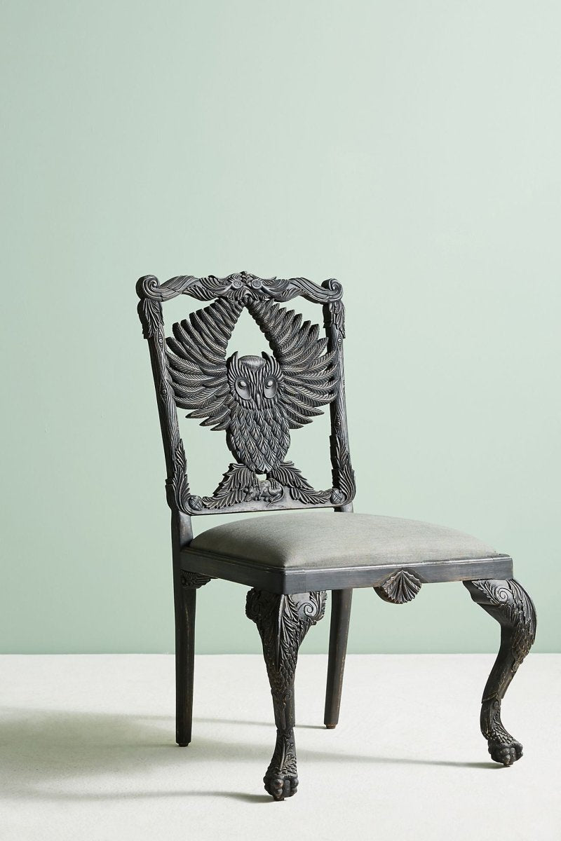 Hand-carved Menagerie Black Owl Wooden Dining Table Chair