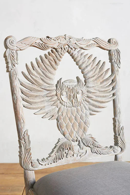 Hand-carved Menagerie Owl Wooden Dining Table Chair in Whitewash