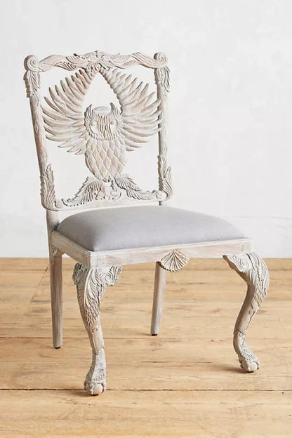 Hand-carved Menagerie Owl Wooden Dining Table Chair in Whitewash