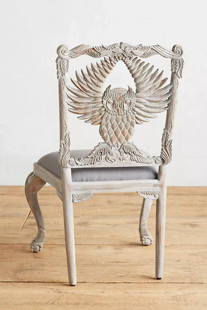 Hand-carved Menagerie Owl Wooden Dining Table Chair in Whitewash