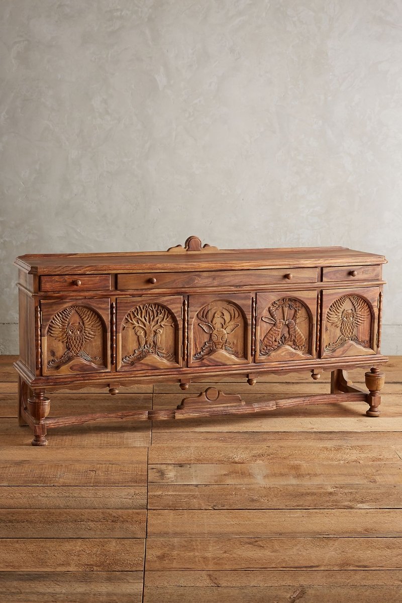 Hand Carved Menagerie Sideboard in Natural Color | Wildlife Buffet Table