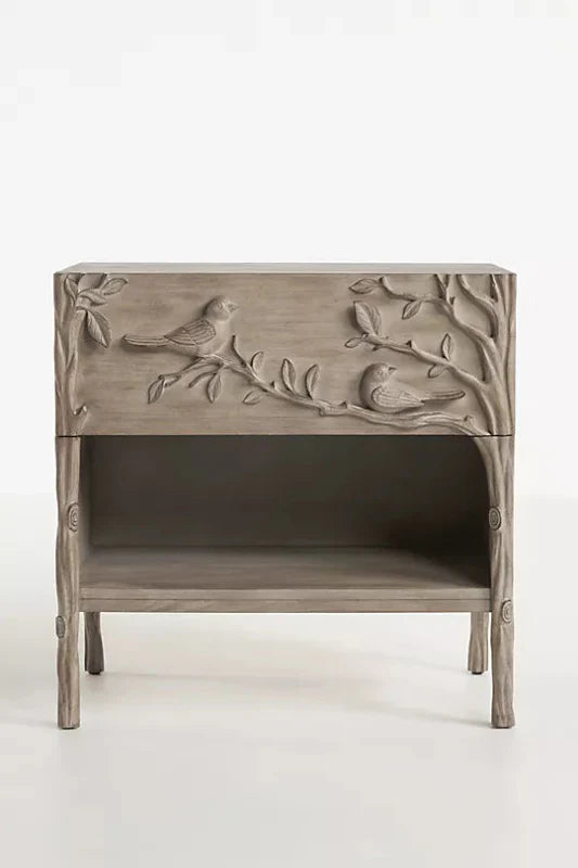 Wooden Hand Carved Natural Color Ornithology Bedside Nightstand