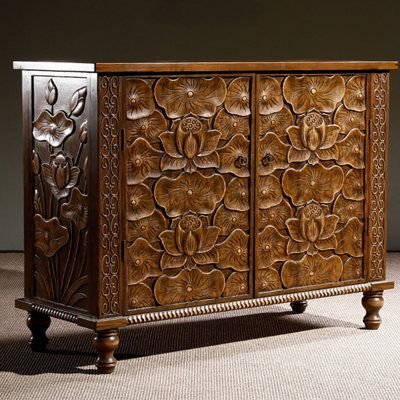 Hand Carved Natural Wood Light Brown Color with Two Doors Sideboard Cabinet