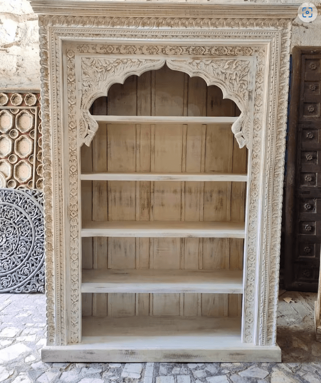 Traditional Hand Carved Natural Wooden Design Bookshelf with Five Shelf