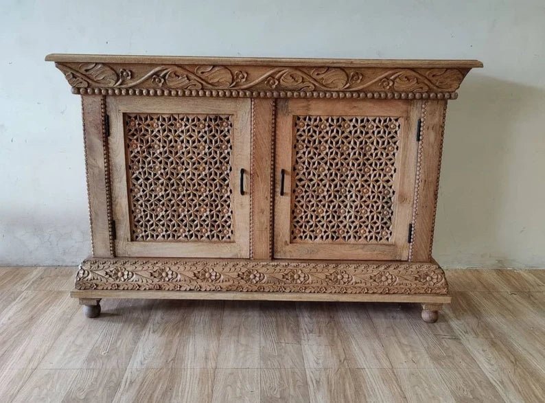 Hand Carved Natural Wooden Two Doors Entryway Cabinet