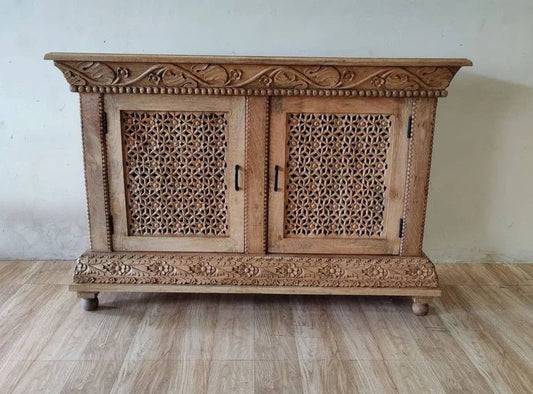 Hand Carved Natural Wooden Two Doors Entryway Cabinet