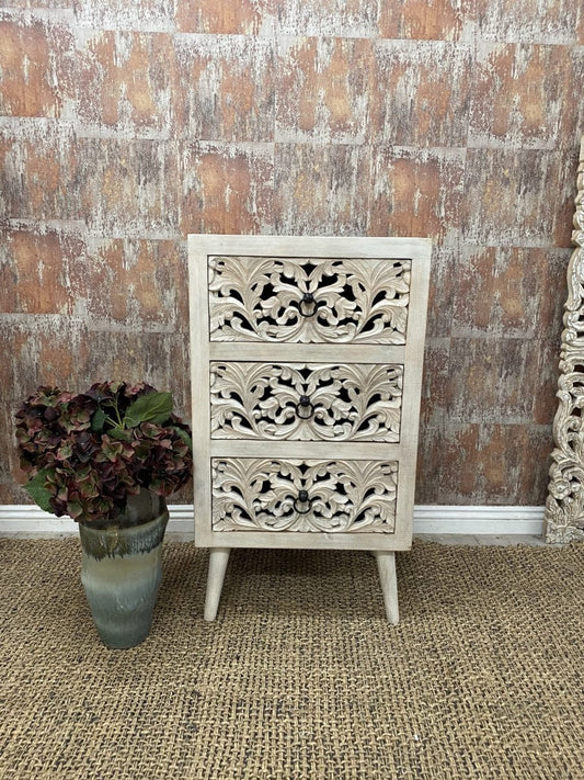 Hand Carved Night Stand in White Color | Handmade Wooden Bedside