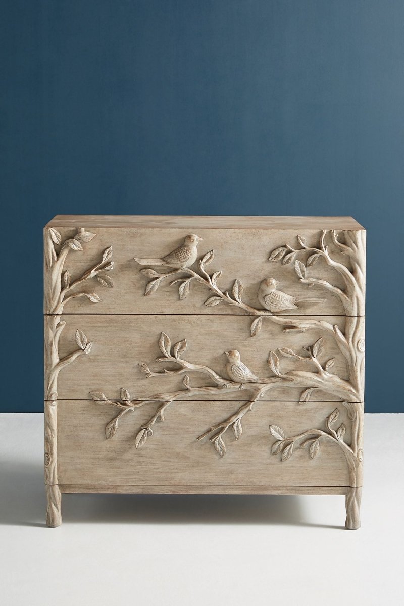 Wooden Hand Carved Ornithology Three Drawers Dresser in Washed Grey | Custom Made Dresser