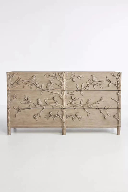 Hand Carved Ornithology Wooden Bird Design Six Drawer Dresser