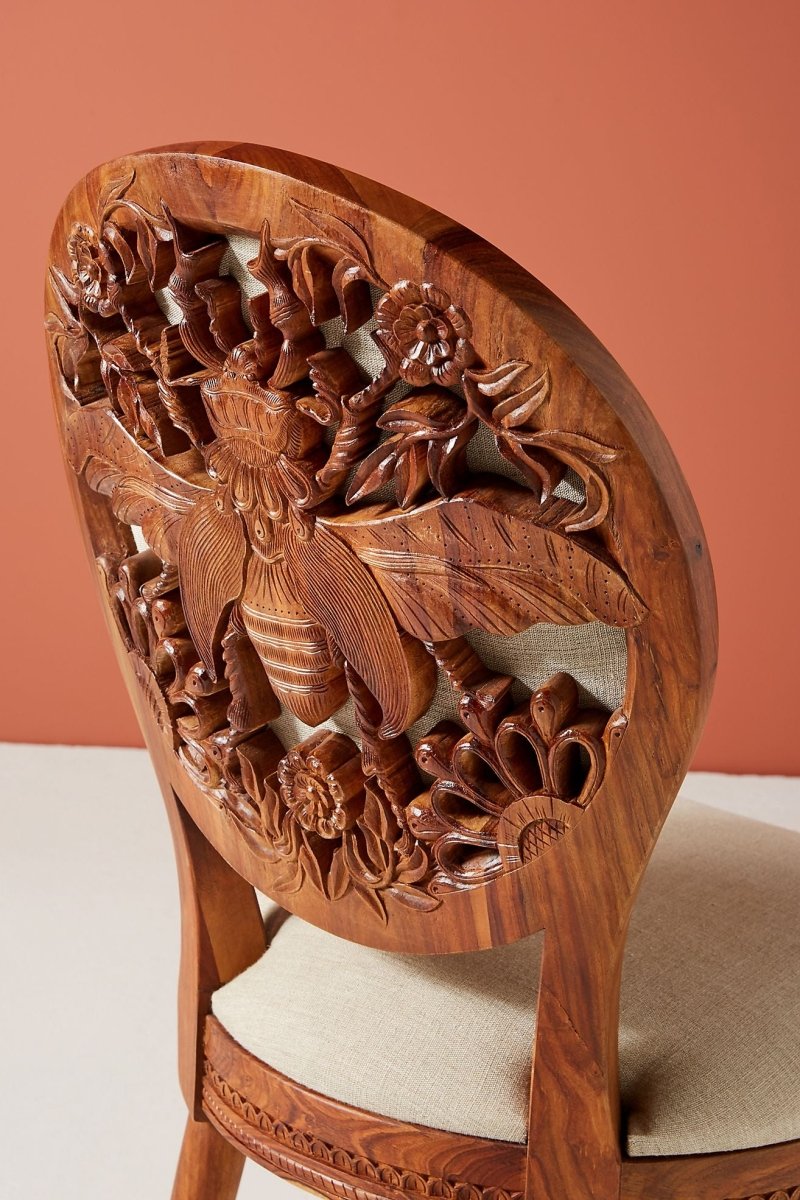 Natural Hand carved Bee Design Dining Chair Indian Wooden Chair